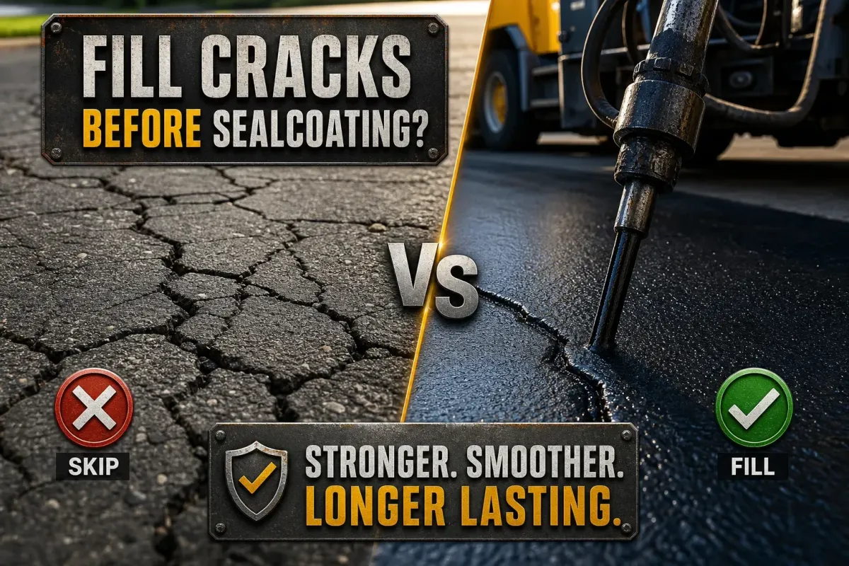Side-by-side comparison graphic asking "Fill Cracks Before Sealcoating?" — left side shows severely cracked and alligator-fractured asphalt pavement with a red X labeled "Skip," right side shows a crack being professionally filled with hot rubberized sealant using commercial equipment with a green checkmark labeled "Fill," centered banner reads "Stronger. Smoother. Longer Lasting." — educational content from First Due Sealcoat & Striping, Middle Tennessee's firefighter-owned pavement maintenance company.