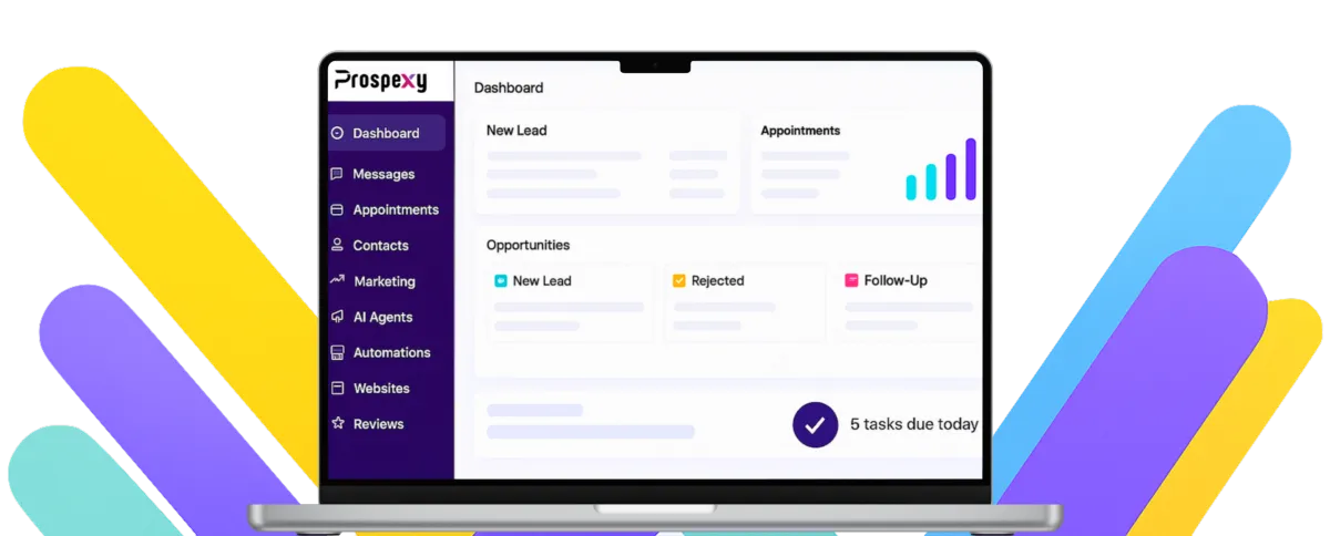Prospexy AI-powered CRM dashboard showing client management, sales, and marketing automation tools