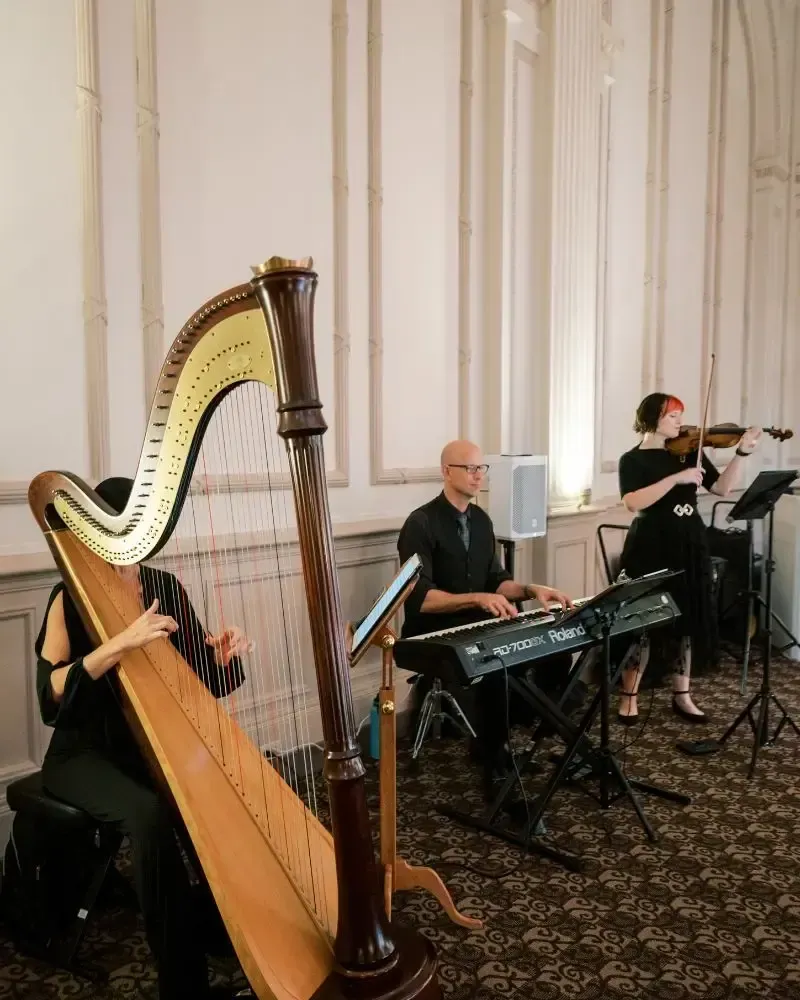 Jeremy Weinglass pianist performing cocktail hour with violinist and harp at The Treasury on the Plaza St Augustine