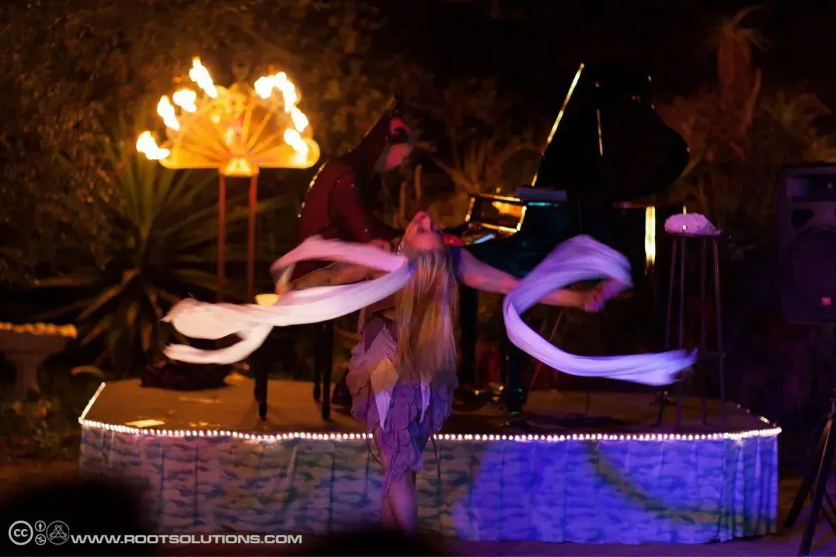 Jeremy Weinglass concert at Fire Garden with dancer Foxie Flambe