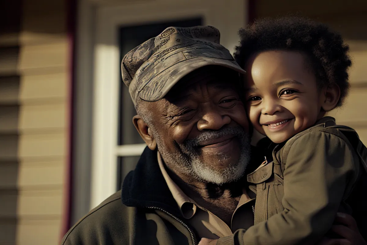 Veteran smiling with grandchild outside new home, symbolizing family, legacy, and VA loan benefits.