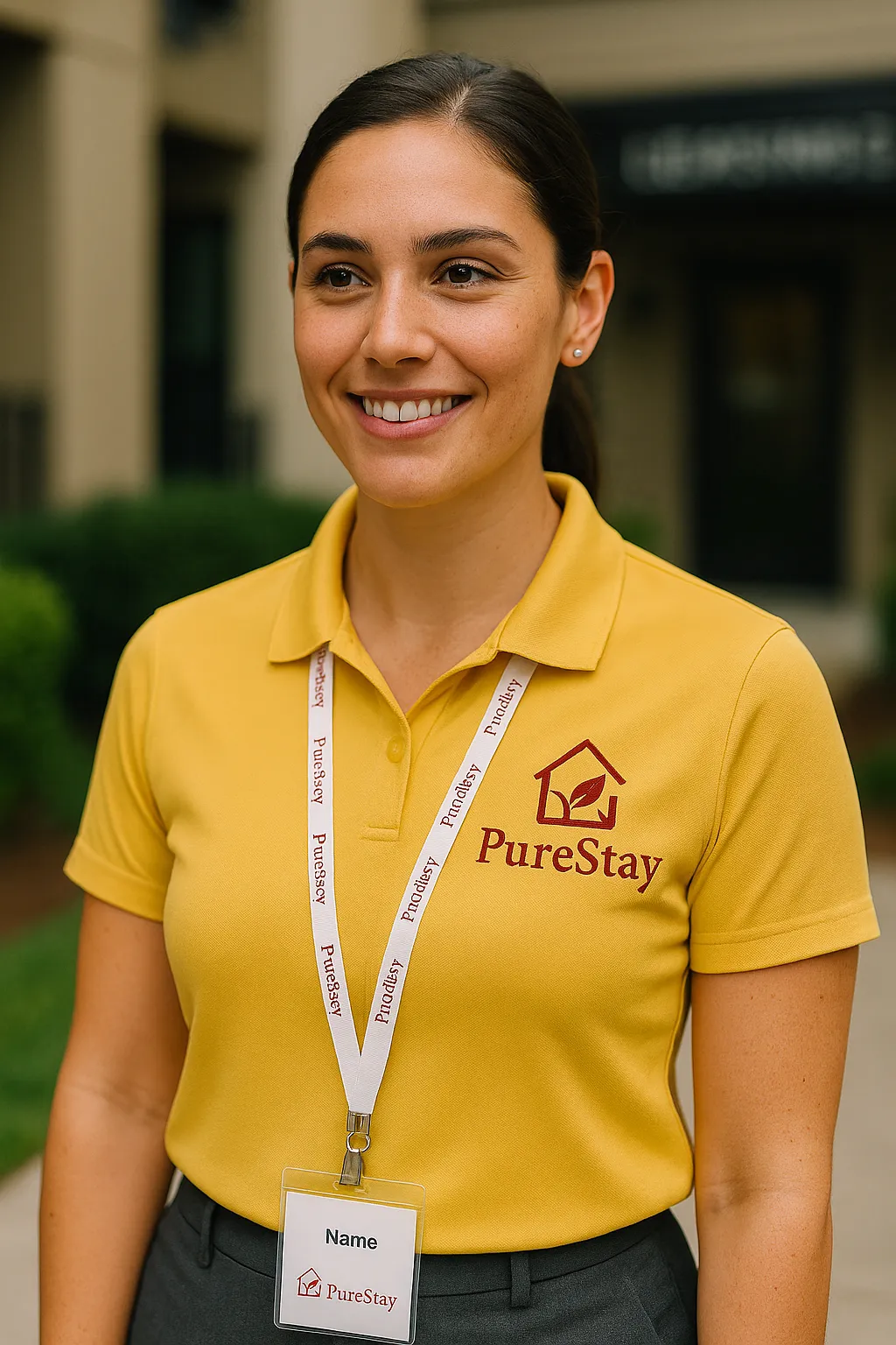 PureStay Sales Representative in uniform standing outside a luxury apartment complex 