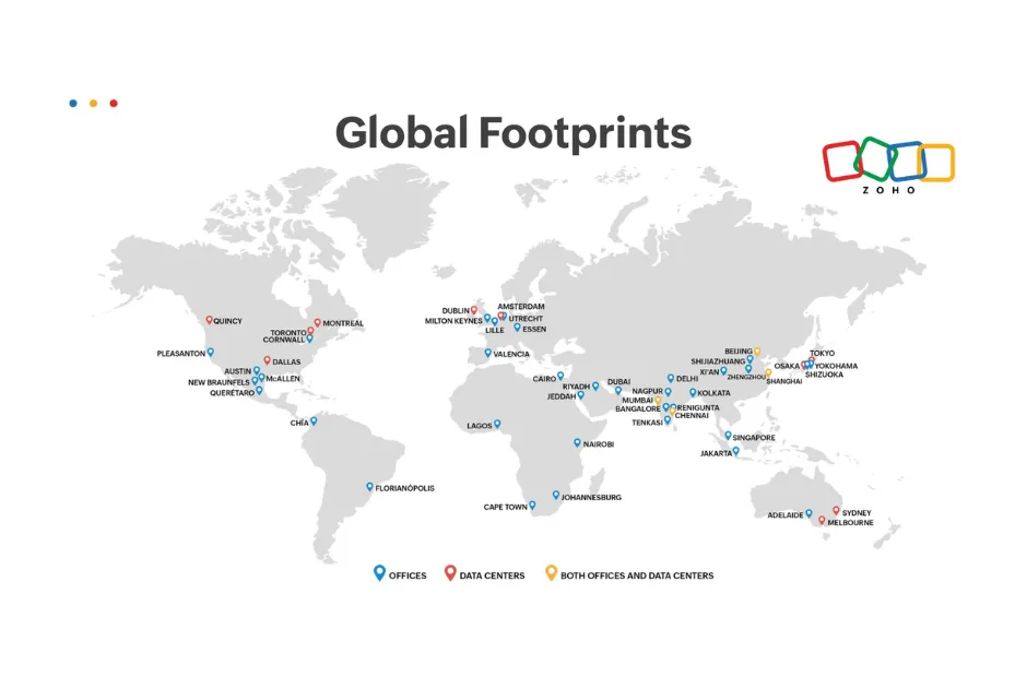 Zoho global footprint map with worldwide offices and data centers, referenced by MySentree as a certified Zoho Partner in Malaysia, Singapore and Brunei.