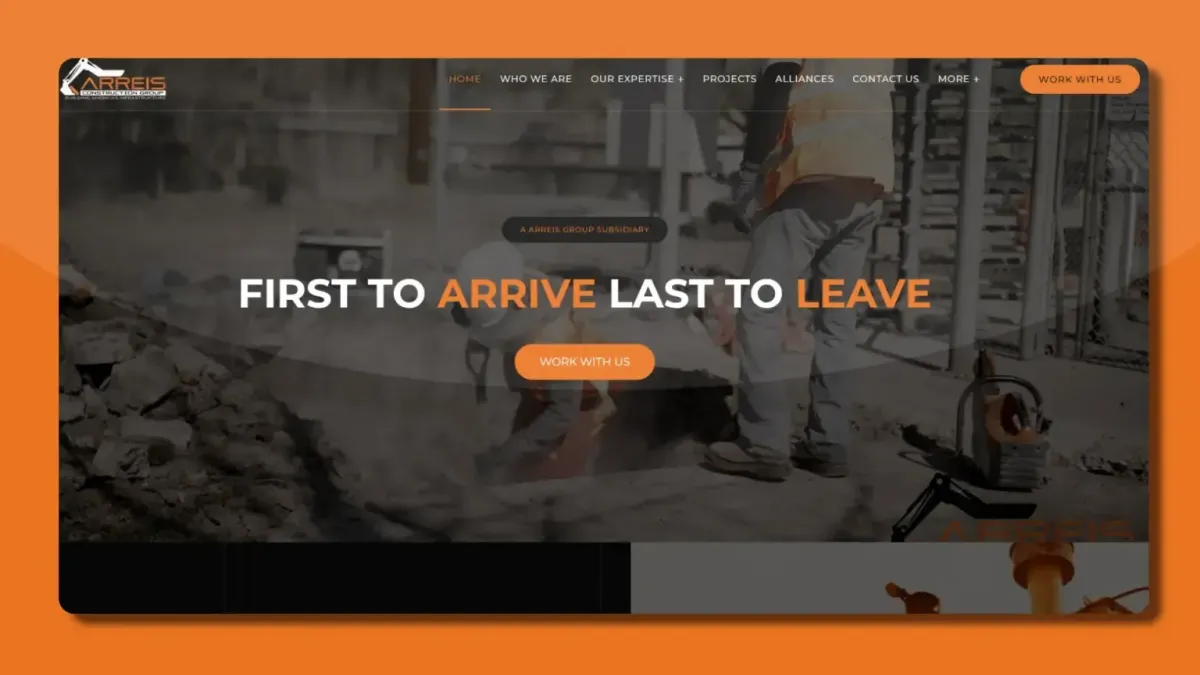 Frontend Website Preview for Arreis Construction Group. Featuring two men working on a construction site.