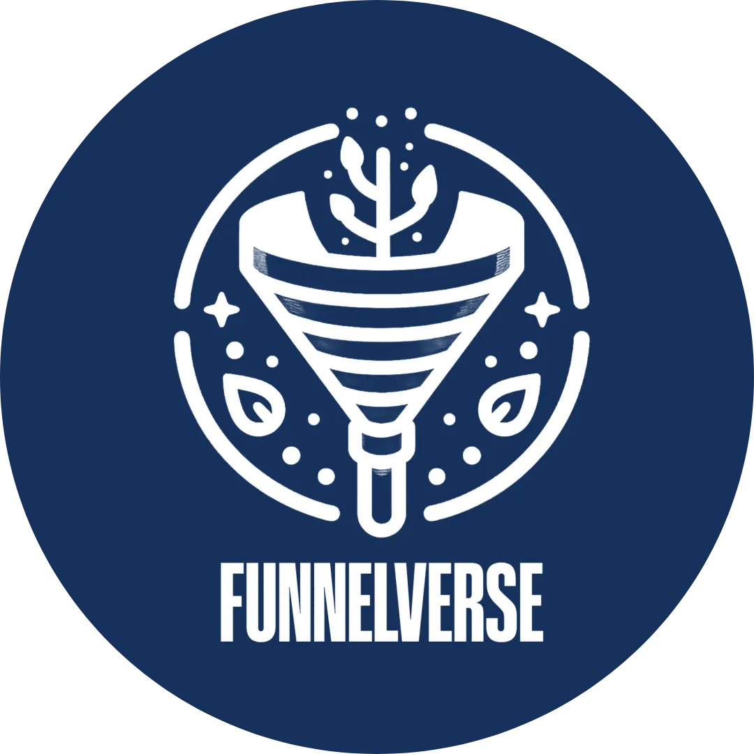 Funnelverse logo in a blue circle. Funnelverse is a software for all in one marketing