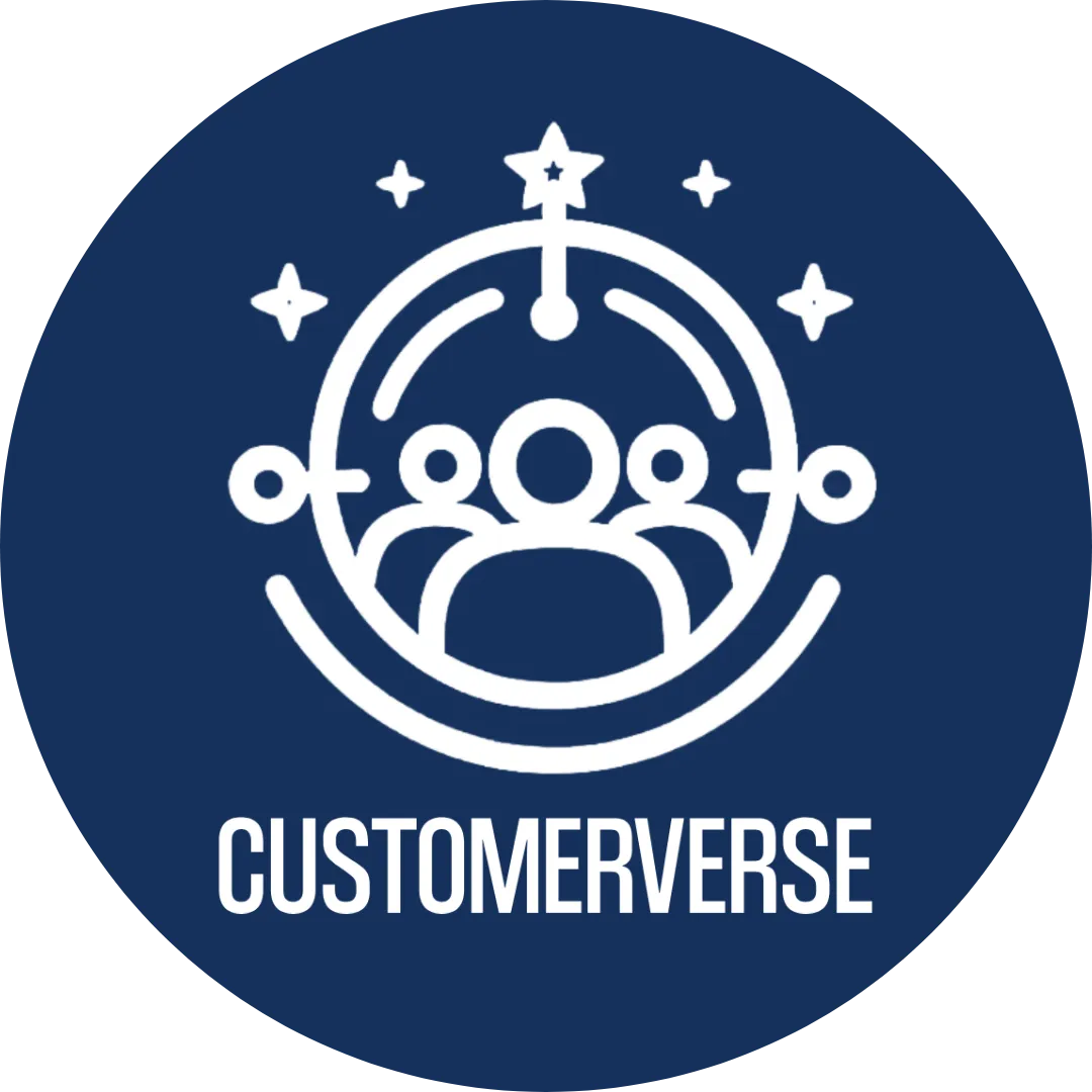 Cusotmerverse logo in a blue circle. Customerverse is advanced PPC and Marketing Strategies for small and mid-size businesses