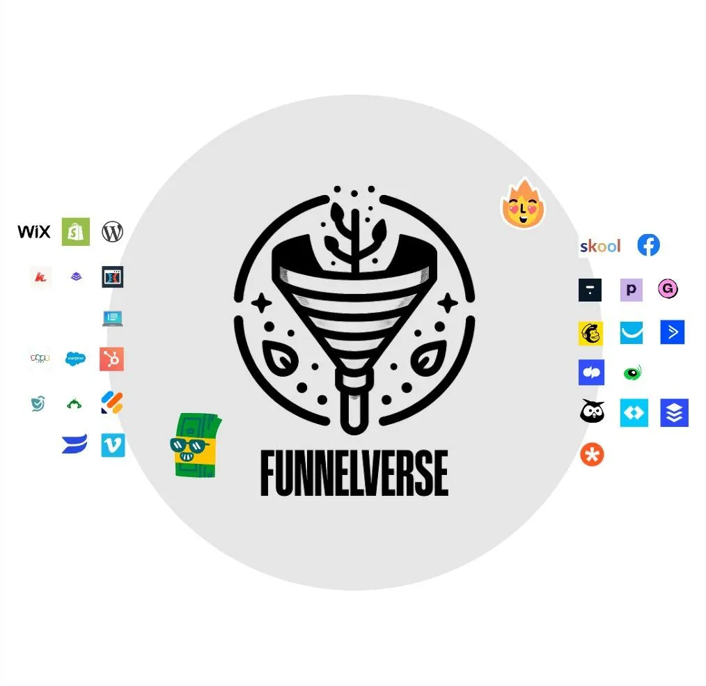 Funnelverse logo in a blue circle. Funnelverse is a software for all in one marketing