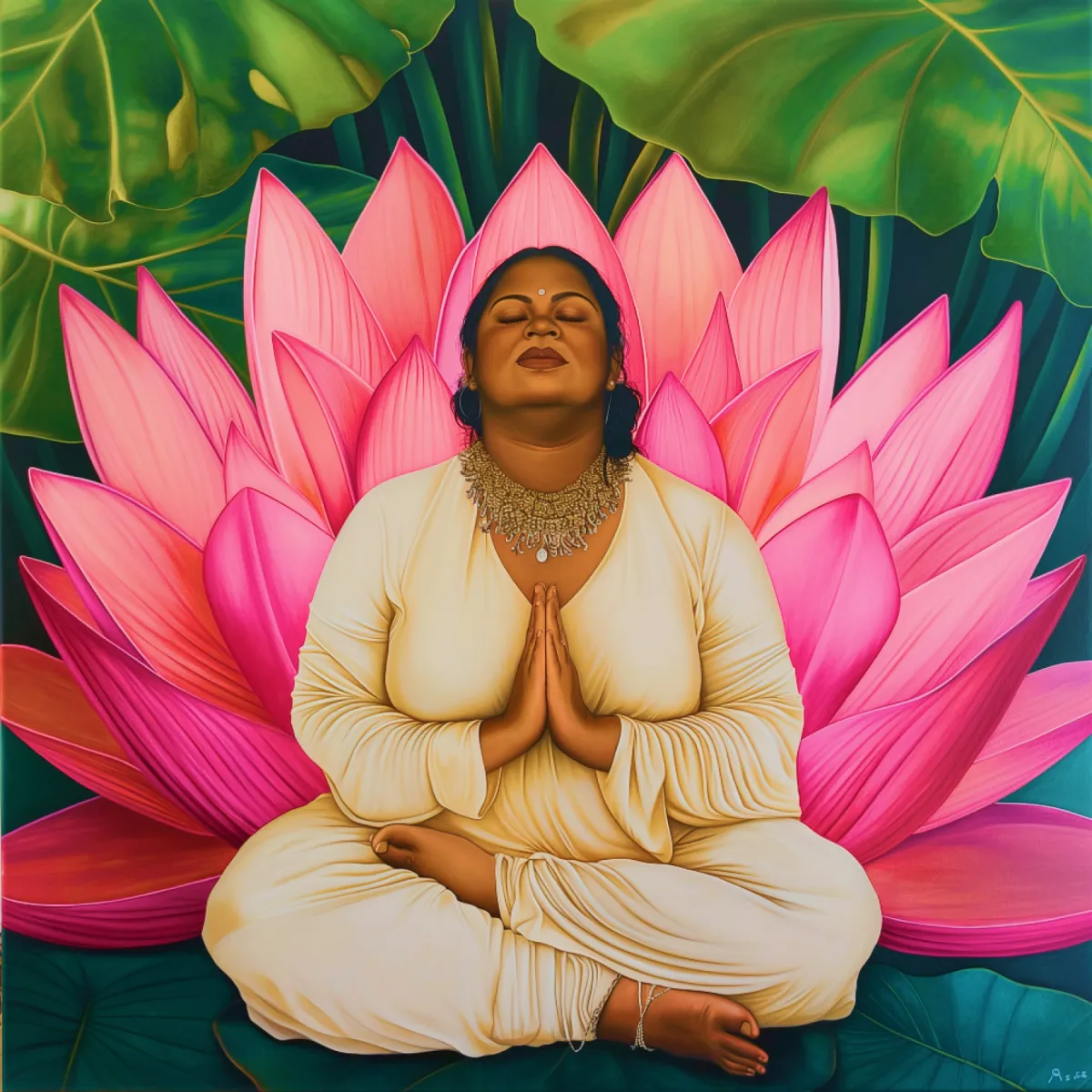 Image of woman meditating in front of a pink lotus flower.