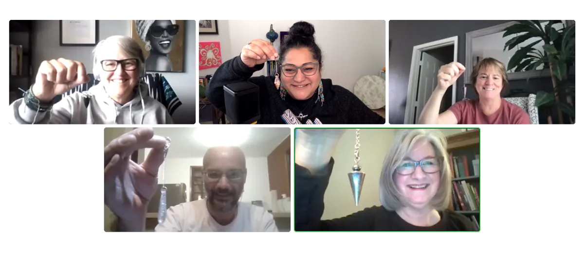 Collage of Jikara with four smiling students on a virtual call each holding their pendulums.
