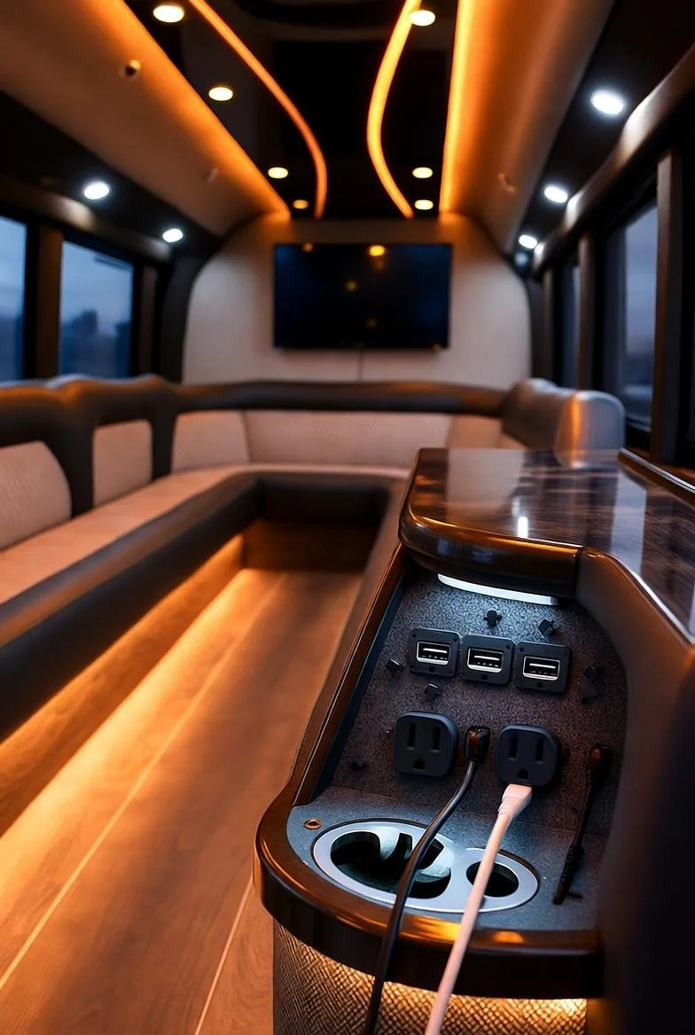 Onboard bar with illuminated shelving, stocked mixers, and glassware