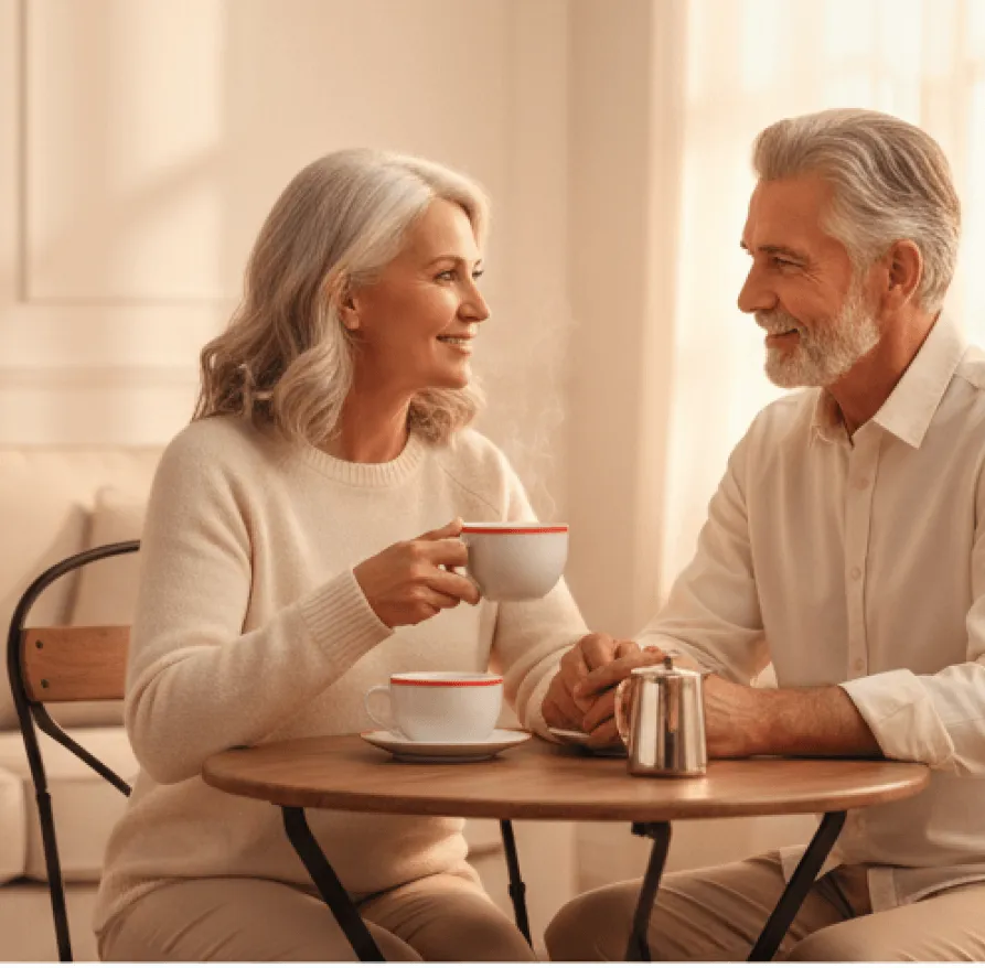 Mature couple sitting at a table with coffee, smiling gently