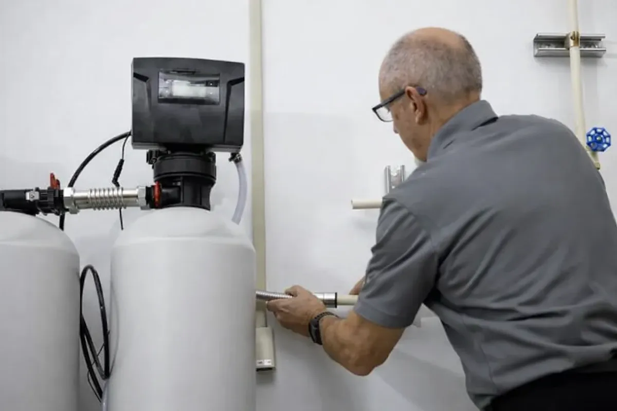 Technician installing a residential water softener with calibrated equipment and plumbing connections in a clean utility room.