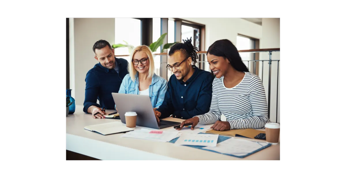 Diverse group (African American, Asian, and white men and women) with cash and dollar sign graphics, representing financial partnership and growth.