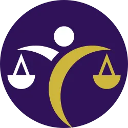 Flat modern purple judge wordmark and geometric gavel icon logo