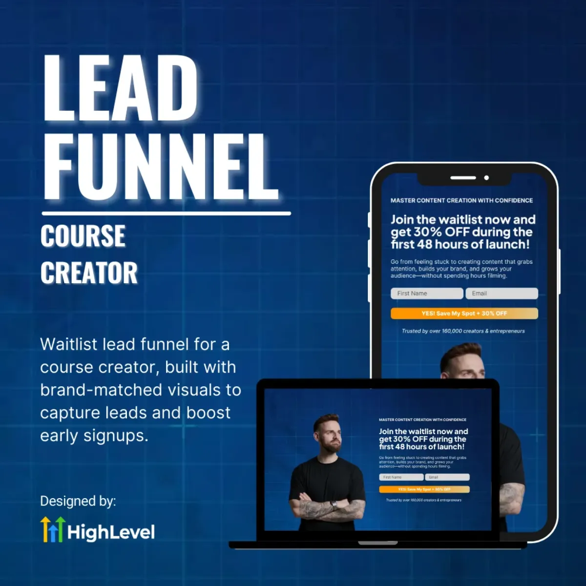Waitlist lead funnel for a course creator, built with brand-matched visuals to capture leads and boost early signups.