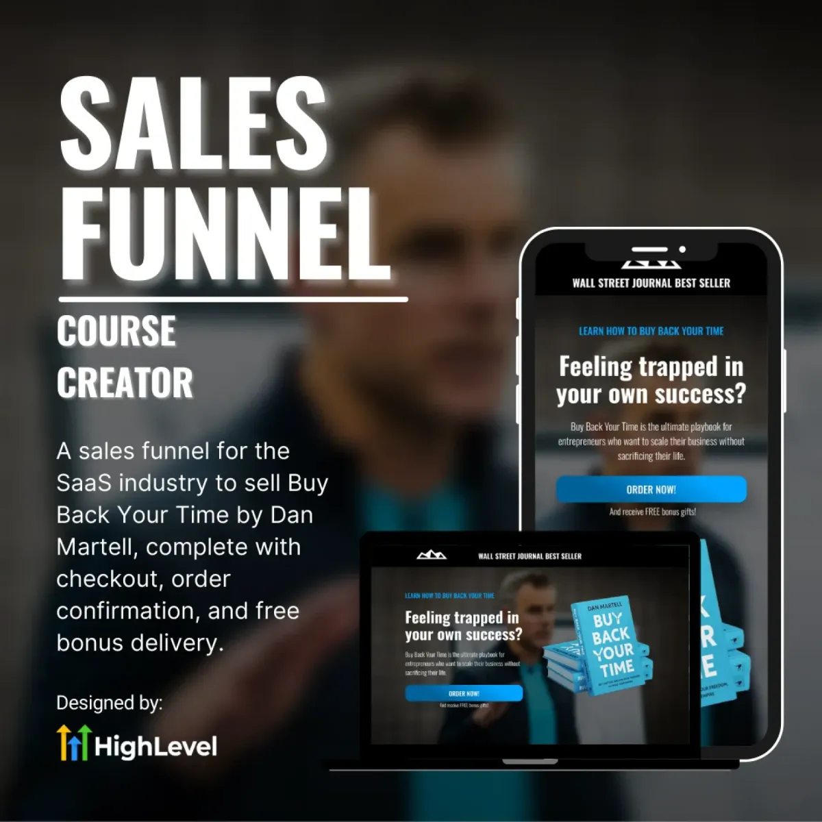 A sales funnel for the SaaS industry to sell Buy Back Your Time by Dan Martell, complete with checkout, order confirmation, and free bonus delivery.