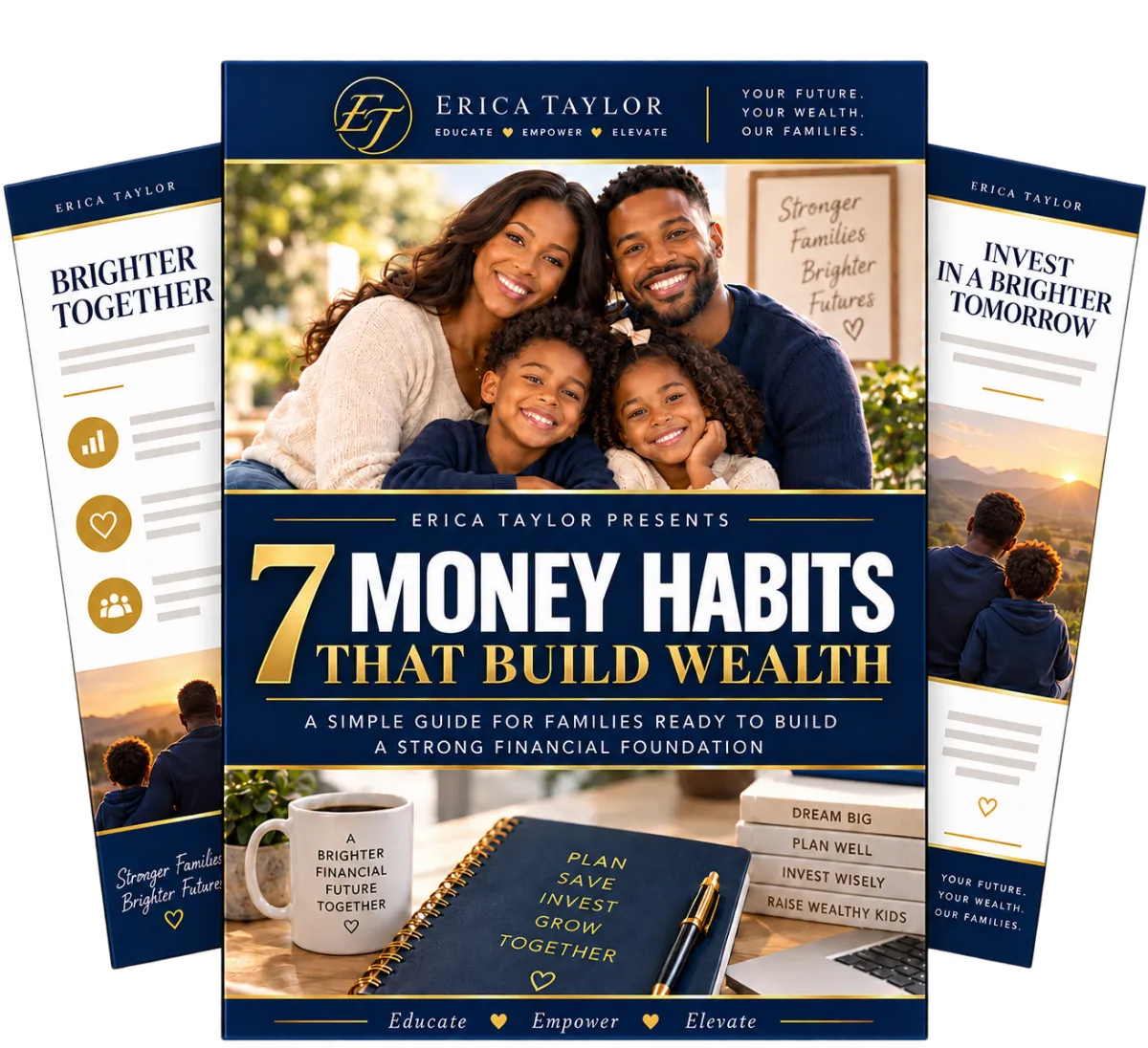 7 Money Habits That Build Wealth guide by Erica Taylor featuring a happy family and financial planning tools for building a strong financial foundation.
