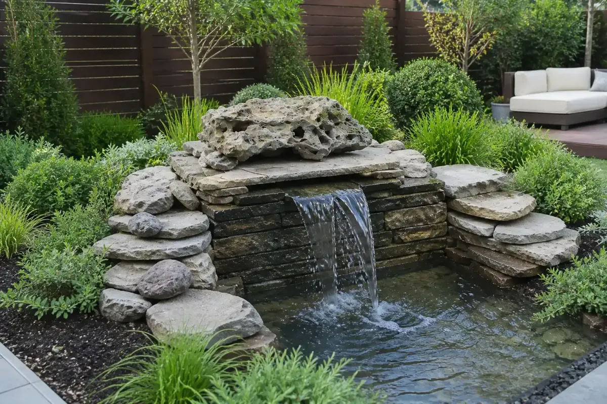 Watervijver met decoratieve rotswand gemaakt door 2BoldRocks