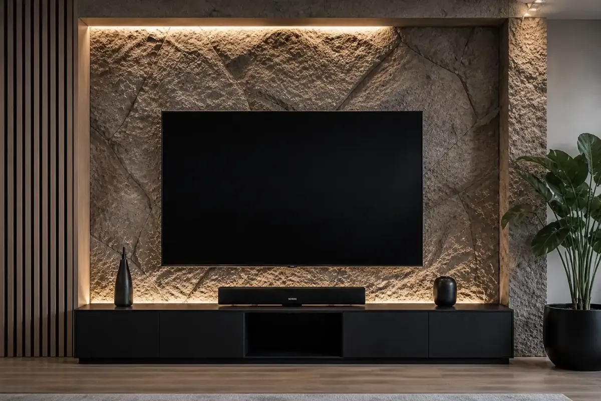 Decoratieve rotswand als achtergrond voor een tv gemaakt door 2BoldRocks