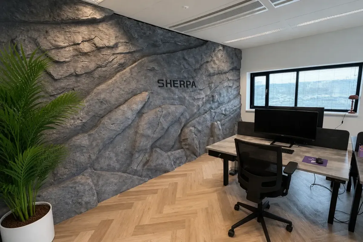 Handgemaakte decoratieve rotswand in kantooromgeving – 2BoldRocks