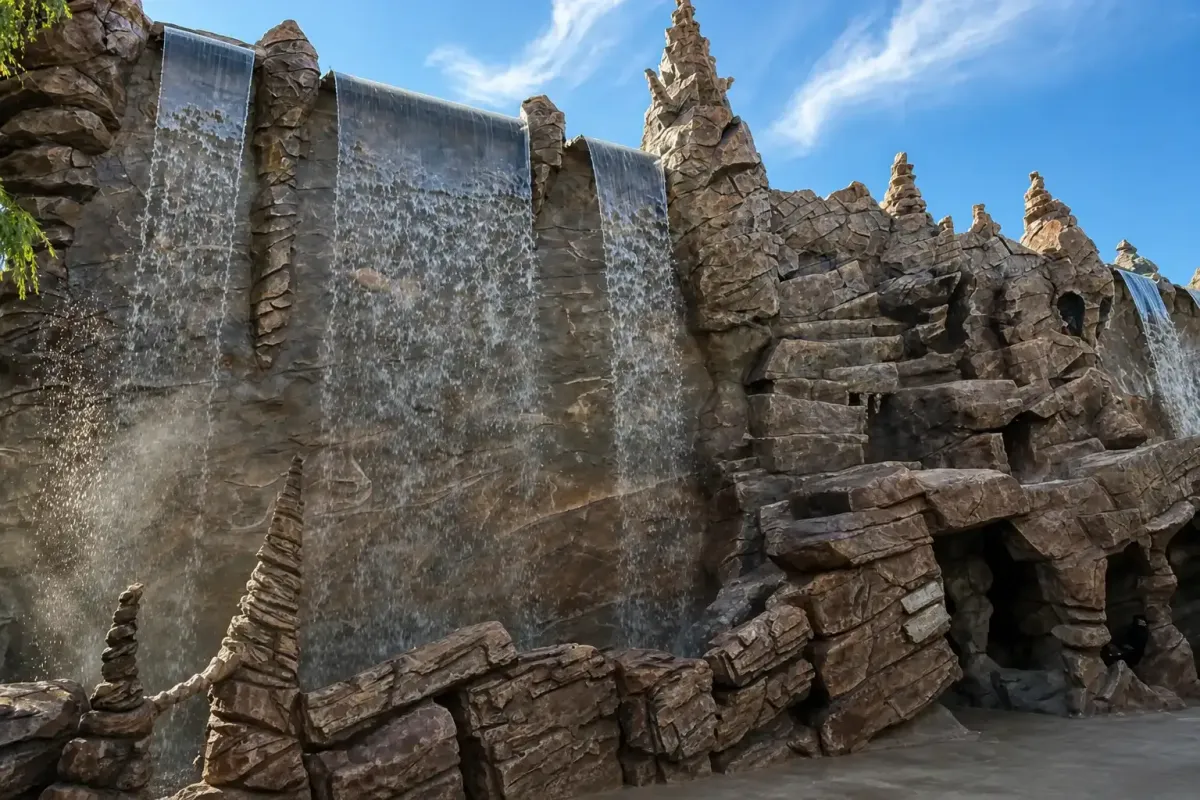 Decoratieve rotswand in pretpark mede gemaaakt door 2BoldRocks