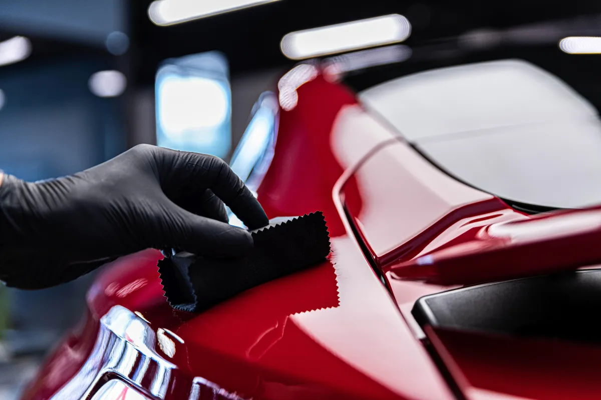 Clean and shiny Porsche leather steering wheel and red interior