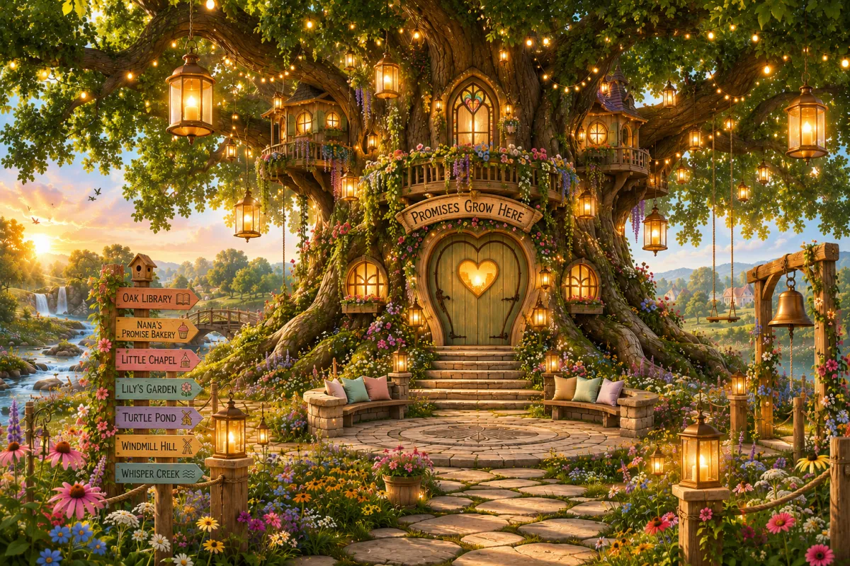 The Giant Oak in Promise Meadow with its glowing heart-shaped door and Promises Grow Here sign