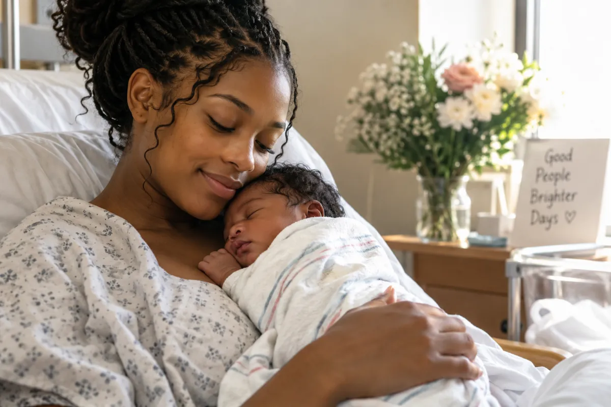 Mother holding her newborn baby in a hospital room, representing informed parental choice about birth certificates, Social Security numbers, and newborn documentation.