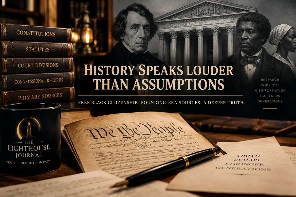 Historical research graphic featuring the U.S. Constitution, Supreme Court, founding-era documents, Black Americans, and legal source books, emphasizing free Black citizenship and the importance of primary-source evidence.