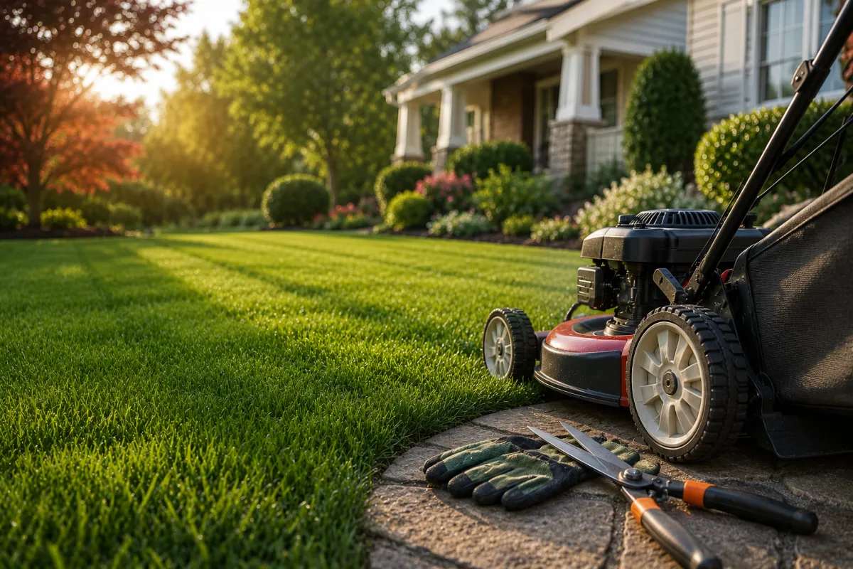 Professional lawn mower and landscaping tools on a well-maintained residential lawn in Waco, Texas.