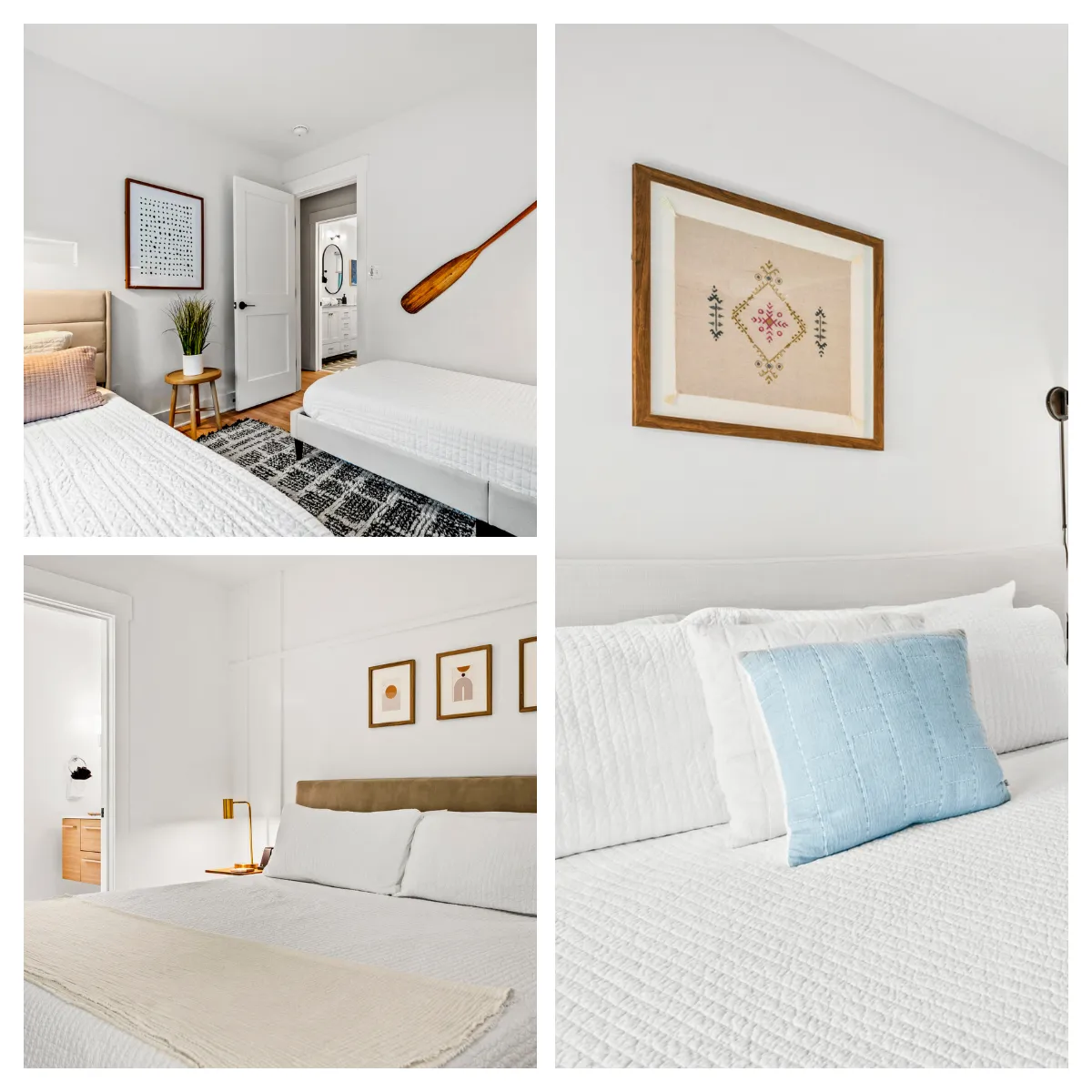 Happy Days Home offers two cozy bedroom suites with private bathrooms, each featuring luxurious linens, including a king-size bed and twin bunk beds, ensuring comfort and privacy for guests.