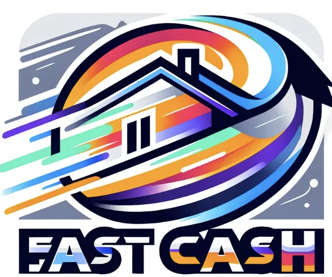 Stylized house with dynamic speed lines in real estate logo colors, symbolizing fast cash property sales.