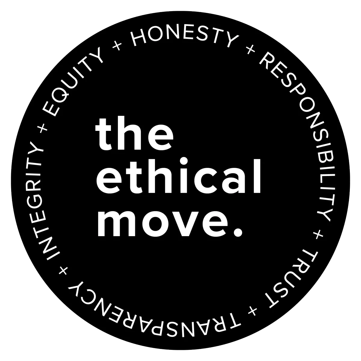 The Ethical Move logo in white text on a black circle with ethical business values written around the edge of the circle: Honesty, Responsibility, Trust, Transparency, Integrity, Equity.