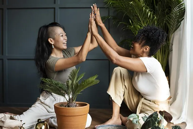 photo of 2 happy customers sharing a high-five moment, surrounded by green plants