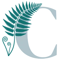 the letter C with a fern leaf wrapped around the left side