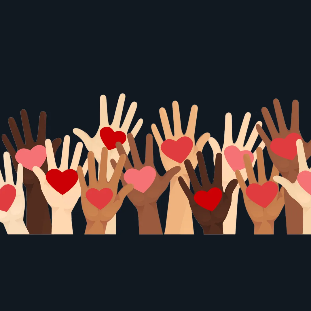 an inclusive illustration of many hands of different ethnic backgrounds raised with palms opened wide and a heart in the middle of each palm