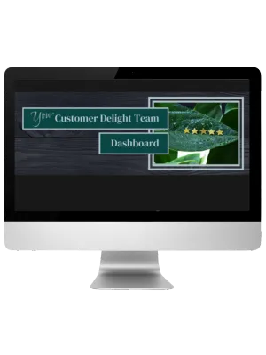 image of a computer monitor showing a CRM dashboard with a green leaf and 5 gold stars