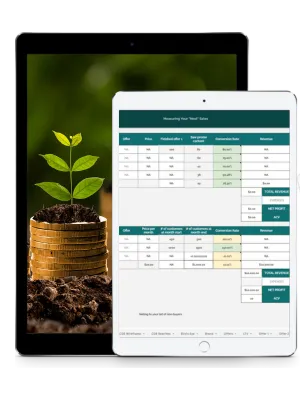 image of 2 tablet devices, the one in front is displaying a spreadsheet with marketing metrics and the other displaying a photo of stacked gold coins with seedlings growing on top.