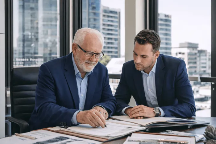 Business management consultant working with business owner on strategic planning in Perth office