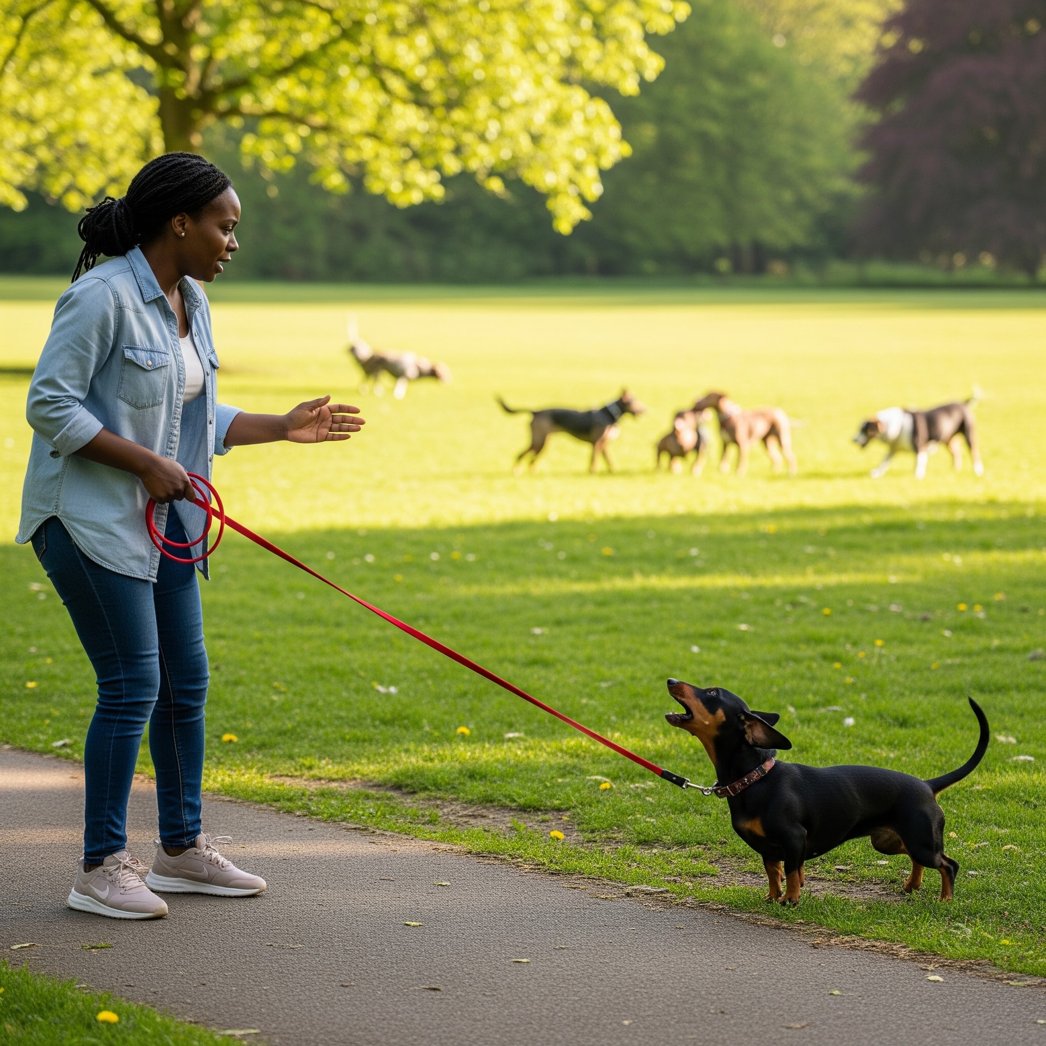 Owner gently guiding a small rescue dog on a quiet path with a loose lead