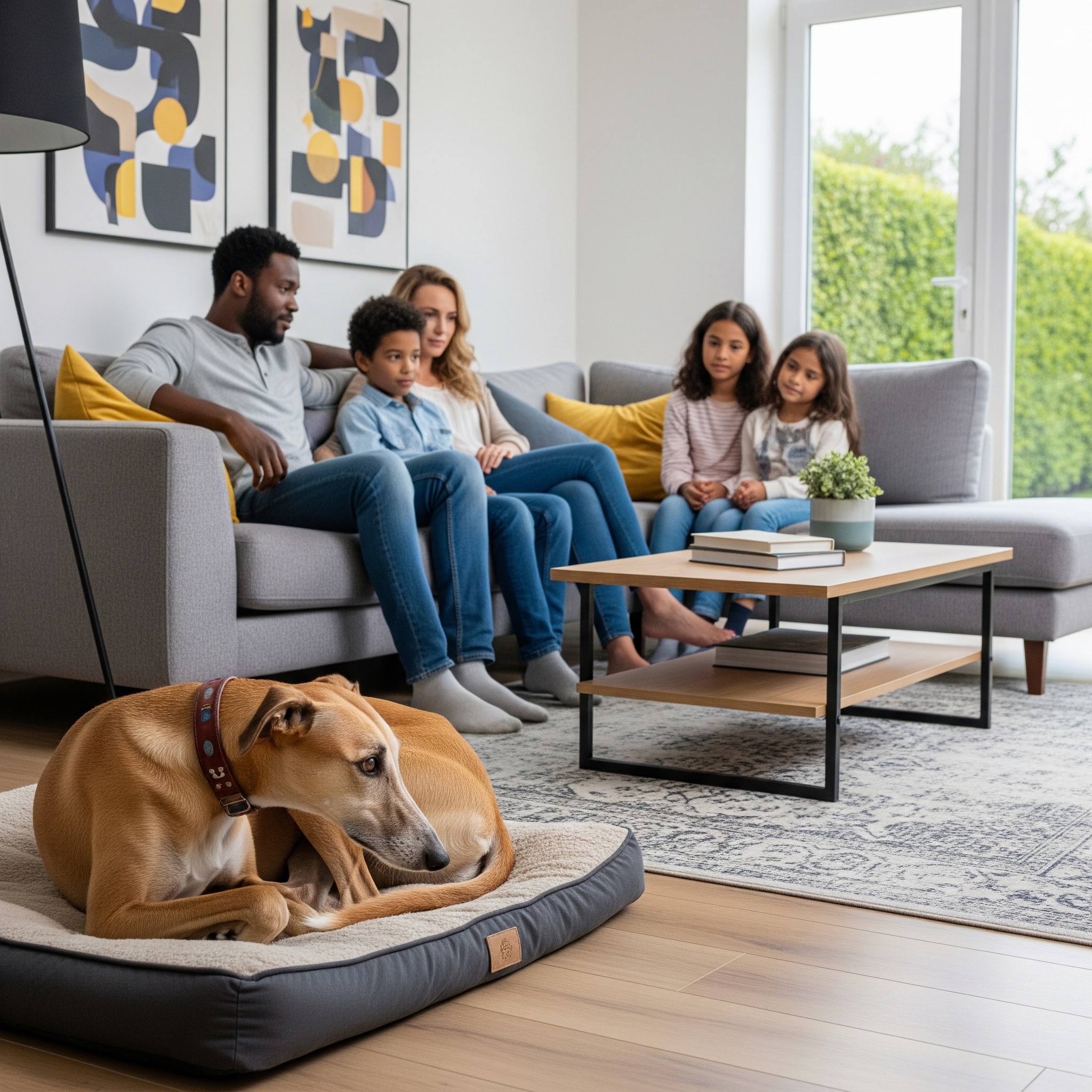 Family at home practising a click-and-reward drill with their adopted terrier