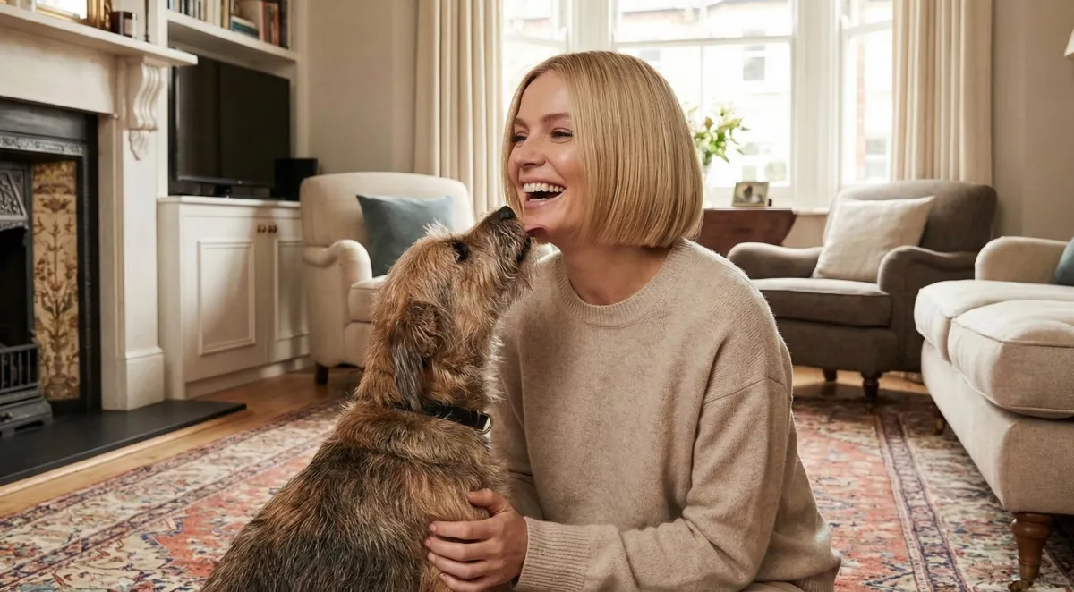 Woman and a dog in the living rom with the do licking the owners face whilst they are bonding.