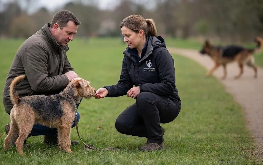 Black rescue dog sitting in home calmly after training
