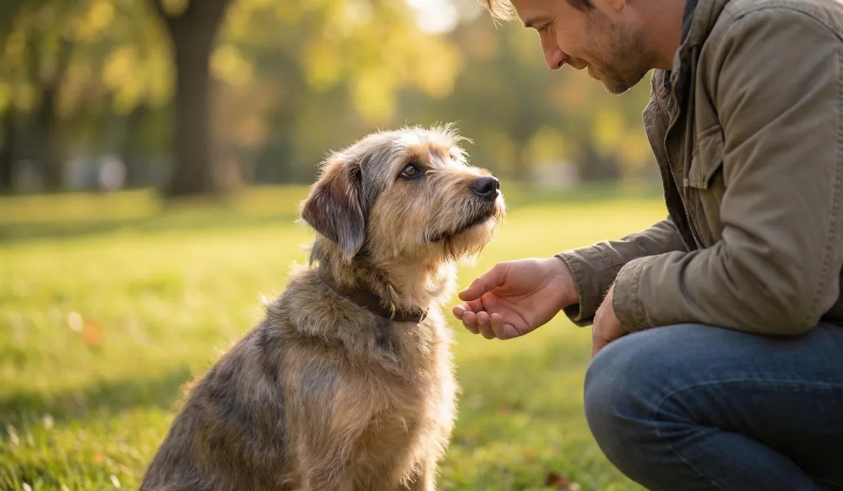Rescue Dog sitting calmly after training