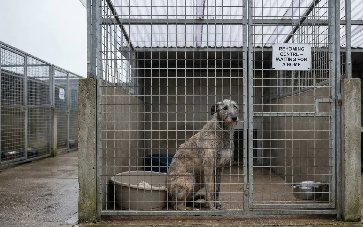 Rescue Lurcher lying down looking at camera calmly