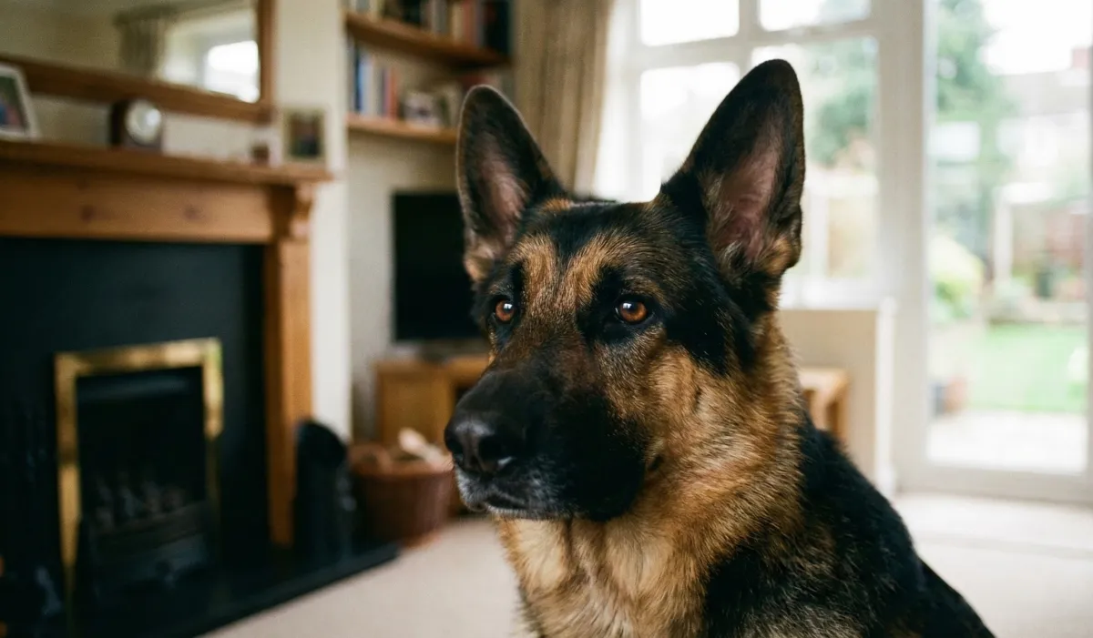 Rescue Alsatian siting and looking calmly at the camera 