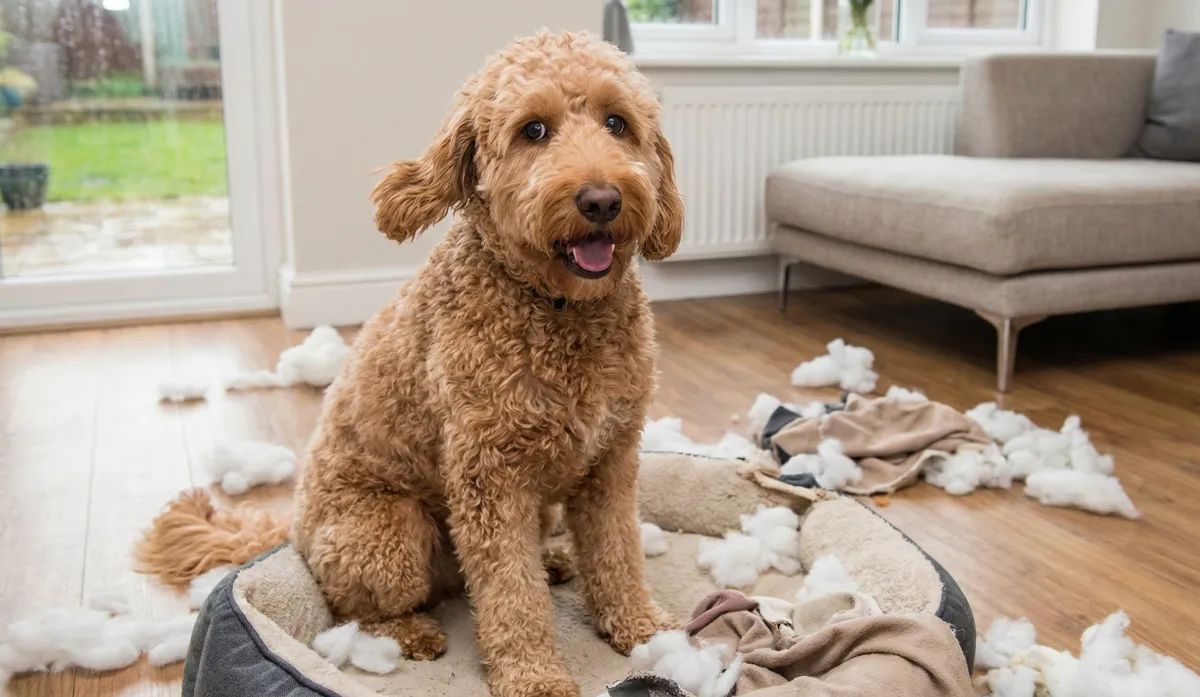 Golden Doodle looking at camera stressed having destroyed their bed because of separation anxiety 