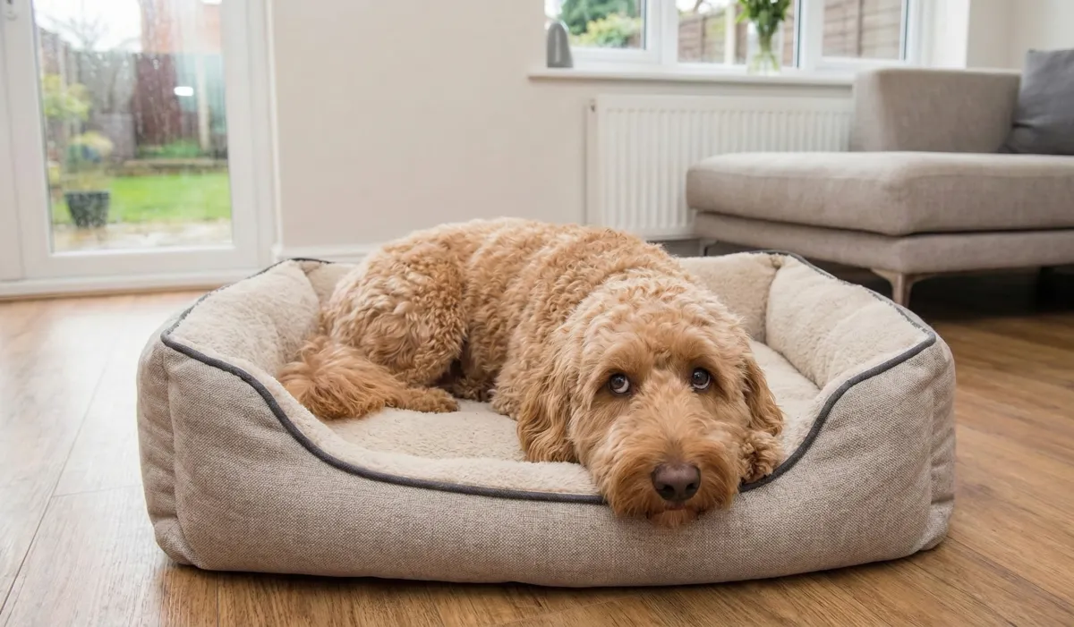 Golden Doodle laying down in their dog bed having been on a separation anxiety programme