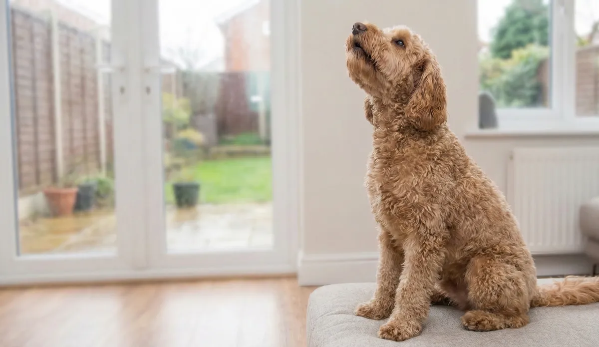 Close-up of a Golden Doodle howling in their home because they have separation anxiety
