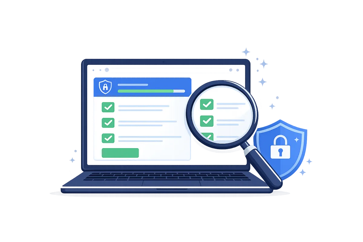 Cyber security checklist with magnifying glass